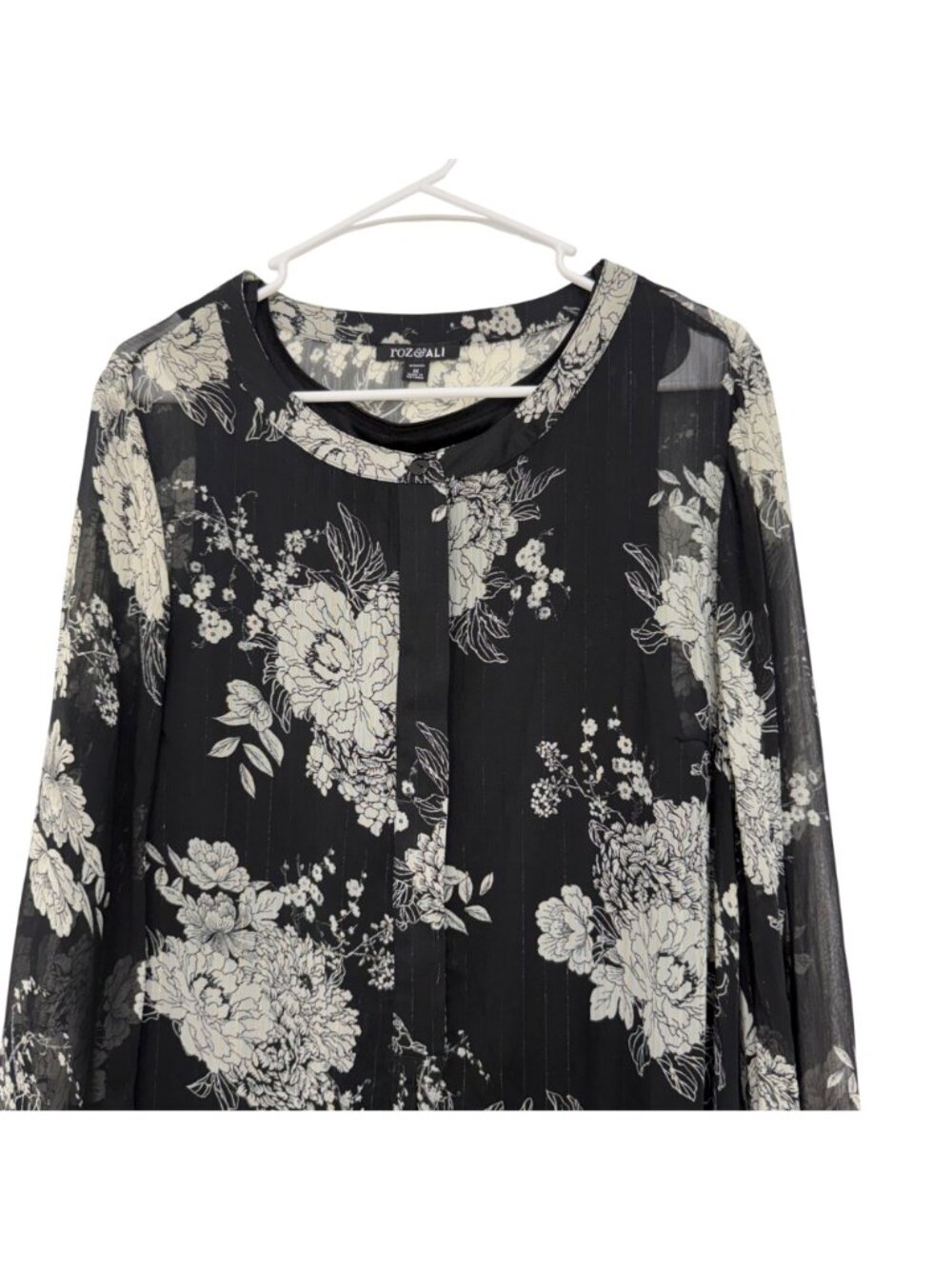 Roz & Ali Black Floral Metalic Sheer Tunic Blouse W/ Lined Tank Top Woman SZ 1X - Picture 11 of 13